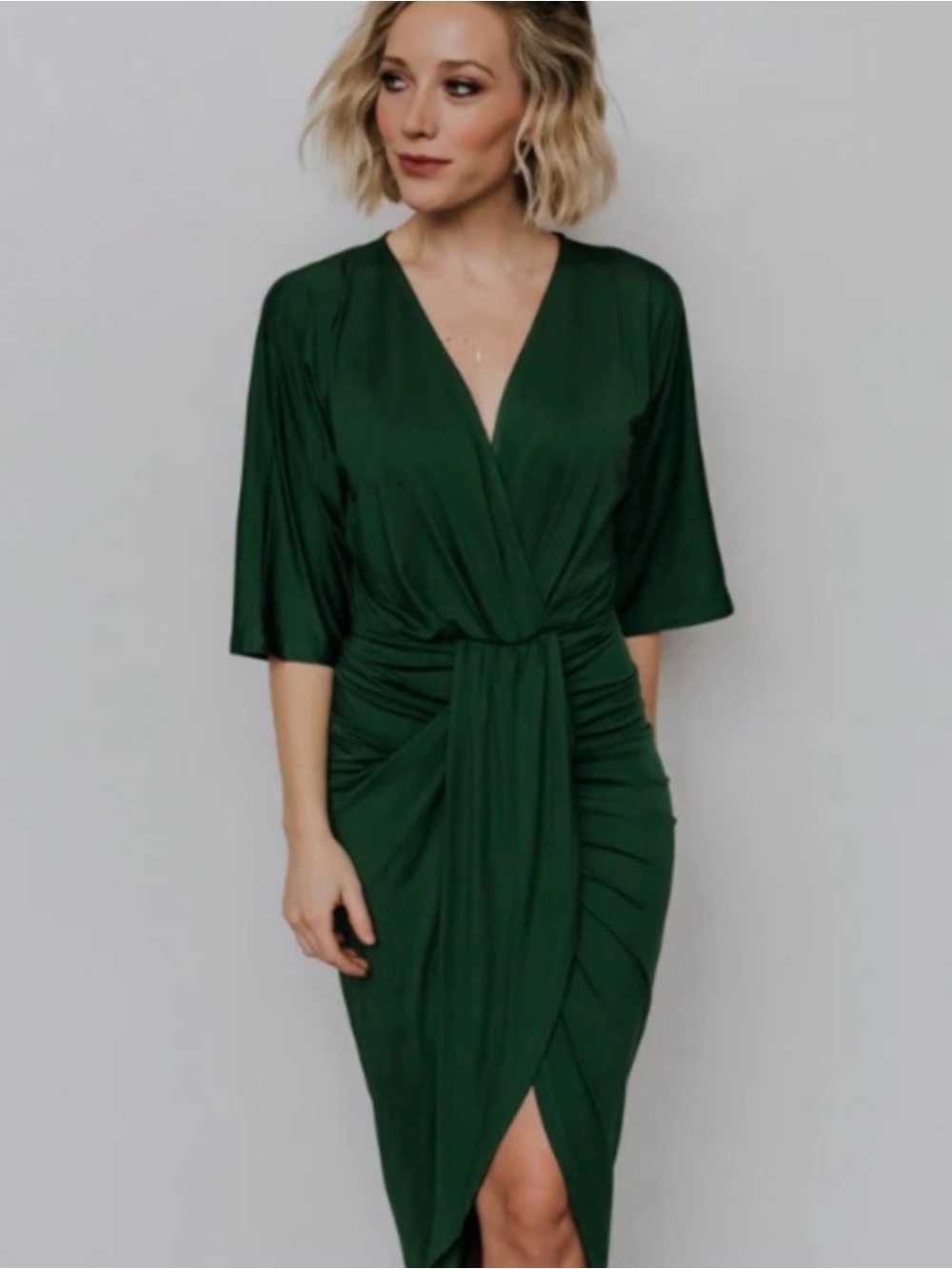 Women’s Emerald Green Faux-Wrap Ruched Dress